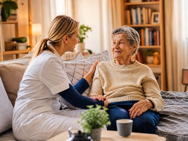 Pflegekraft betreut eine Seniorin in ihrer h&auml;uslichen Umgebung