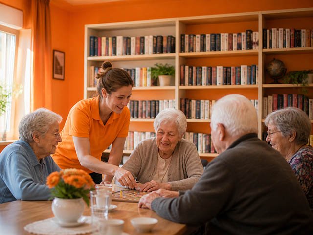 Betreuungskraft begleitet Senioren bei einem gemeinsamen Gesellschaftsspiel